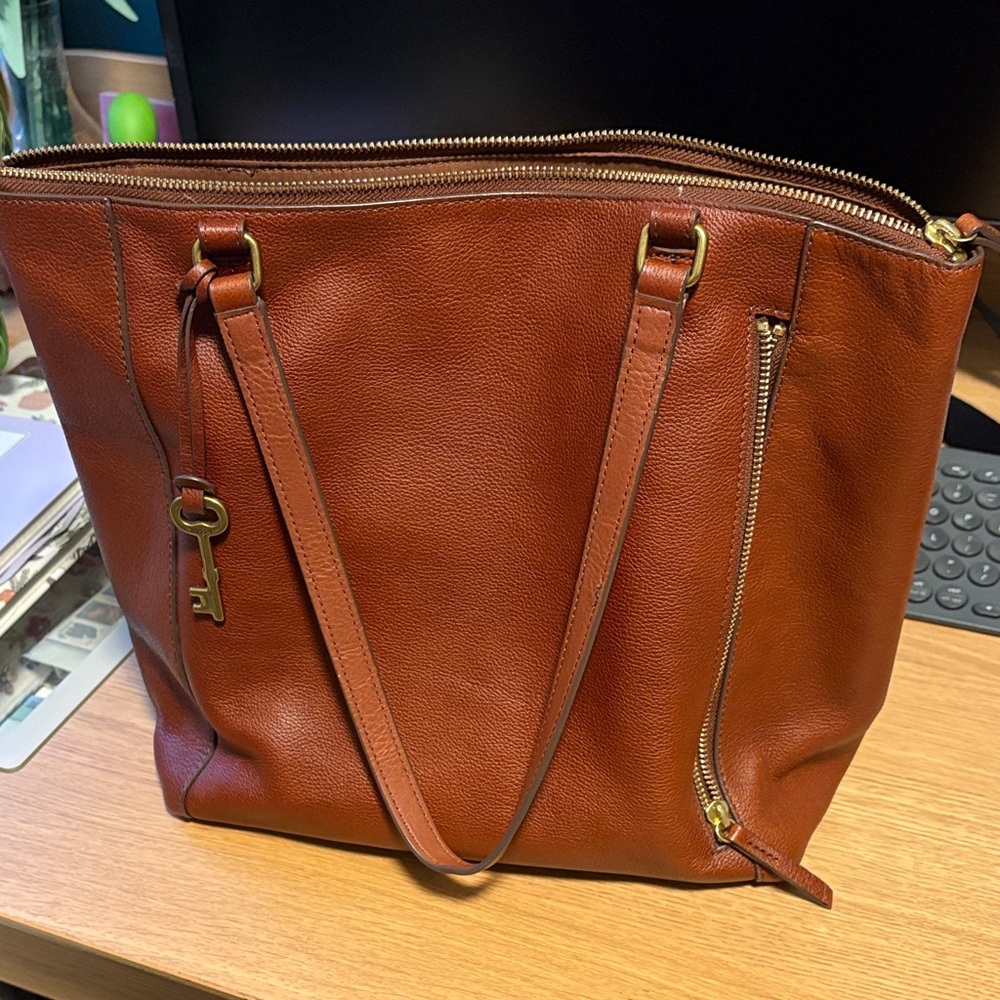 Fossil Brown Leather Tote with Gold Accents